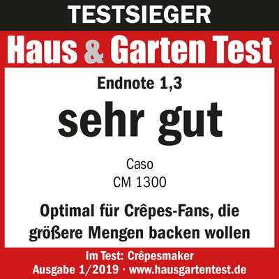CASO CM 1300 - Crêpes Maker, extra große Backfläche (⌀ 33cm), hochwertige Antihaft‐Beschichtung, 8‐Hitzesstufen, praktischer Schieberegler, inkl. Teigverteiler und Crêpes‐Wender aus Holz