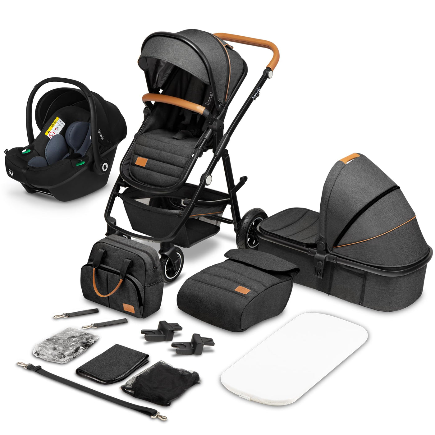 LIONELO Amber Kinderwagen 3 in 1 Kombikinderwagen Set sportlicher Sitz fester Babywanne Autositz Tasche Moskitonetz Regenschutz XXL-Dach mit Sonnenschutz (GRAU GRAFIT)
