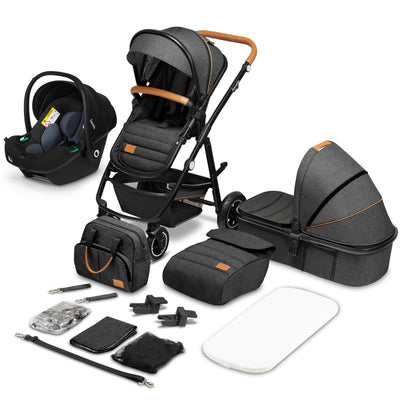 LIONELO Amber Kinderwagen 3 in 1 Kombikinderwagen Set sportlicher Sitz fester Babywanne Autositz Tasche Moskitonetz Regenschutz XXL-Dach mit Sonnenschutz (GRAU GRAFIT)