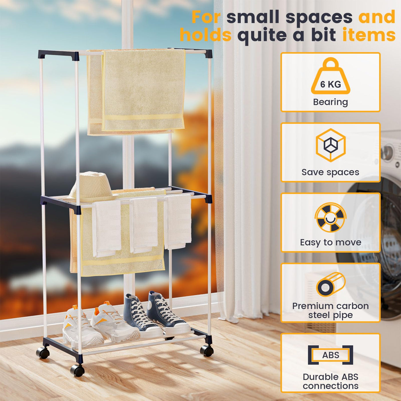 johgee Kleines Wäscheständer, Freistehender Handtuchhalter, Platzsparender Wäschetrockner Turm mit Rollen, Indoor-Trockenständer für Bäder, Wohnungen und Waschküchen 3 Ebenen