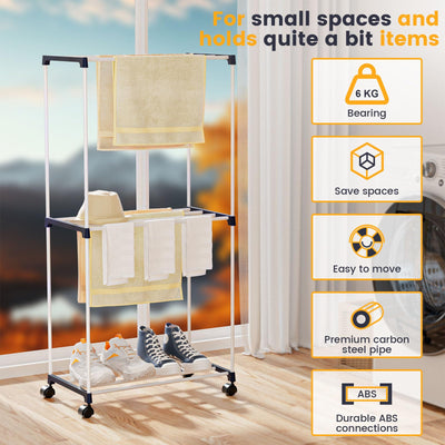 johgee Kleines Wäscheständer, Freistehender Handtuchhalter, Platzsparender Wäschetrockner Turm mit Rollen, Indoor-Trockenständer für Bäder, Wohnungen und Waschküchen 3 Ebenen