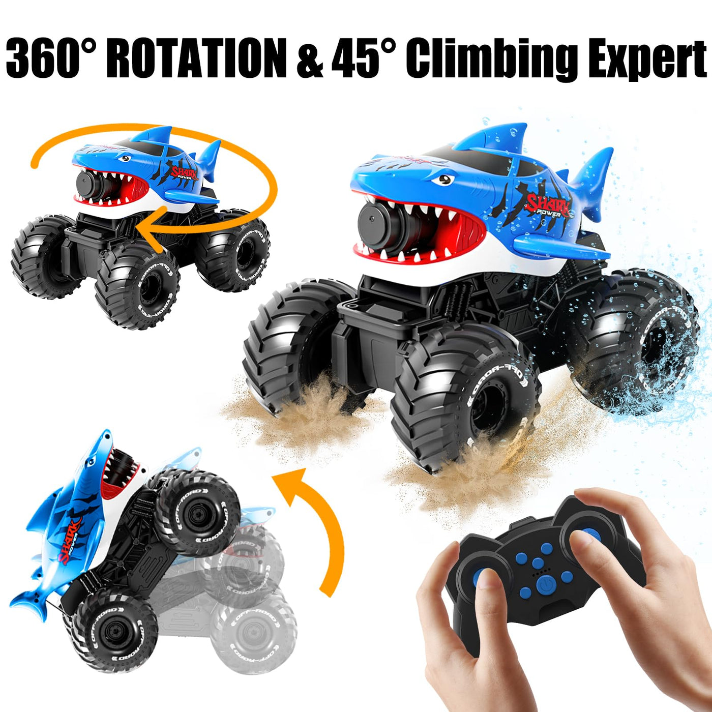Amphibisches Ferngesteuertes Auto, 4WD 360° Rotation 2.4GHz RC Ferngesteuerter Haifischtruck, mit Sprühwasser, Wiederaufladbares Ferngesteuertes Amphibienfahrzeug als Geschenk für Kinder 3-12 Jahre