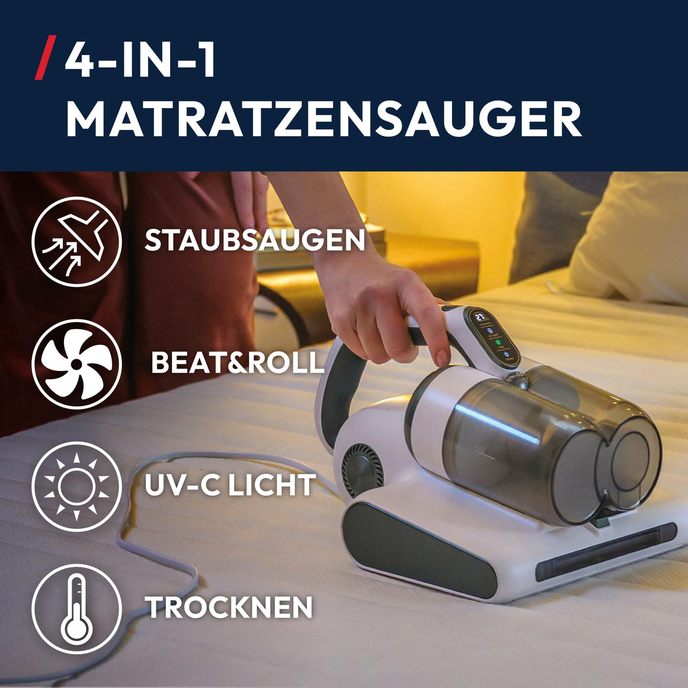 Hoover HMC5 Matratzen Handstaubsauger, 4 automatische Funktionen: Beat&Roll, Staubsaugen, UV-C-Licht, Trocknen, Entfernung von Staubmilben, Bakterien, Allergenen, Milbensauger für Matratzen [HMC510UV]