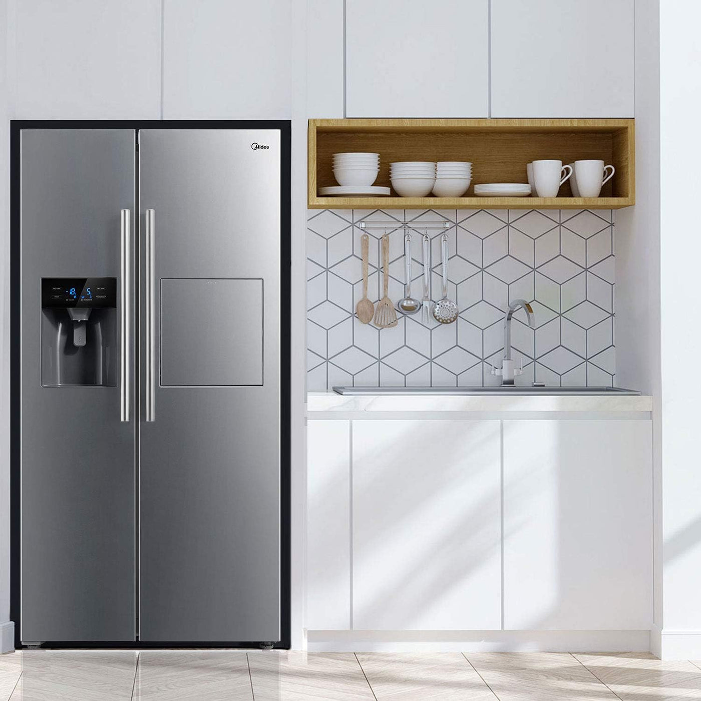 Midea KS-EIX 6.23 Side-by-Side Kühl-/Gefrierkombination/176,5 cm hoch/No Frost/Inverter Compressor/mit Barfach/Wasser-/Eisspender mit Festwasseranschluss/Twin Control, Rostfreier Stahl