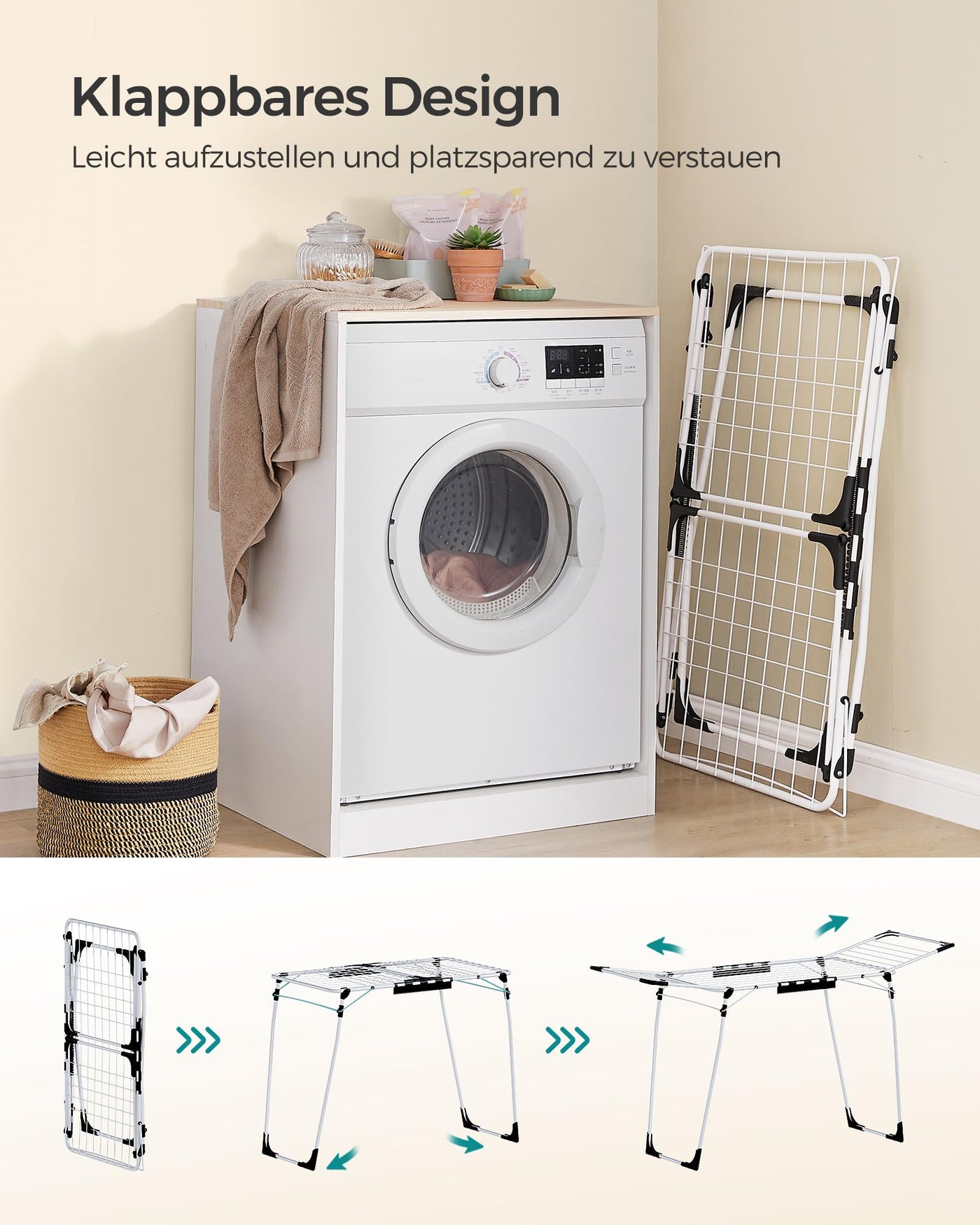 SONGMICS Wäscheständer, Standtrockner 56,5 x 173 x 96,5 cm, Flügelwäscheständer, Flügelwäschetrockner platzsparend, mit Sockenhalter, Metall, für Kleidung, Handtücher, Wäsche, weiß LLR518W01