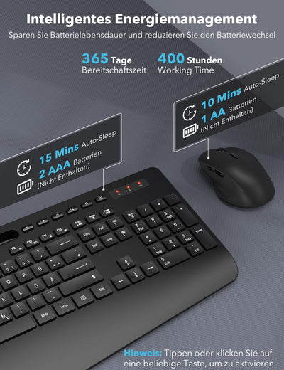 Tastatur Maus Set Kabellos, Ergonomische Tastatur in Voller Größe mit Handgelenkauflage, Telefonhalter, Schlafmodus, Leise 2,4 GHz kabellose Tastatur und Maus für Mac, Windows, Computer, Laptop, PC