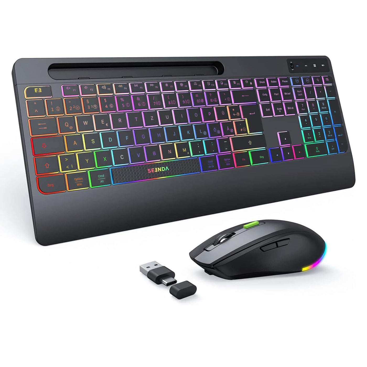 seenda Tastatur Maus Set kabellos beleuchtet, wiederaufladbare USB & Typ C Funktastatur mit Maus mit Handyhalter und Handballenauflage für PC/Windows/Mac, leise Klicken & QWERTZ Layout, Schwarz