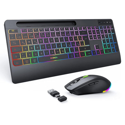 seenda Tastatur Maus Set kabellos beleuchtet, wiederaufladbare USB & Typ C Funktastatur mit Maus mit Handyhalter und Handballenauflage für PC/Windows/Mac, leise Klicken & QWERTZ Layout, Schwarz