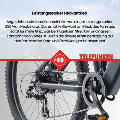 TELEFUNKEN E-Bike Mountainbike Elektrofahrrad Alu, 8 Gang Kettenschaltung - Pedelec MTB 27,5 Zoll, Hinterradmotor, 250W, Hydr. Scheibenbremsen, Grau, Aufsteiger M936