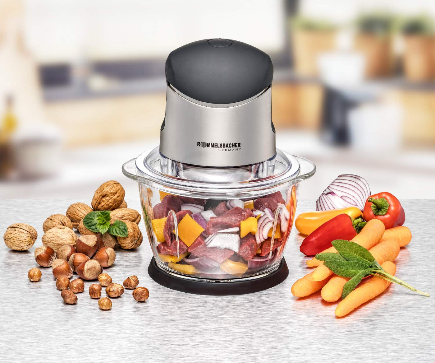 ROMMELSBACHER Multi Zerkleinerer MZ 400 – kraftvoller Motor, 4-flügeliges Spezialmesser aus Edelstahl, 1 Liter Glasbehälter, schwarz/Chrom gebürstet, 400 Watt