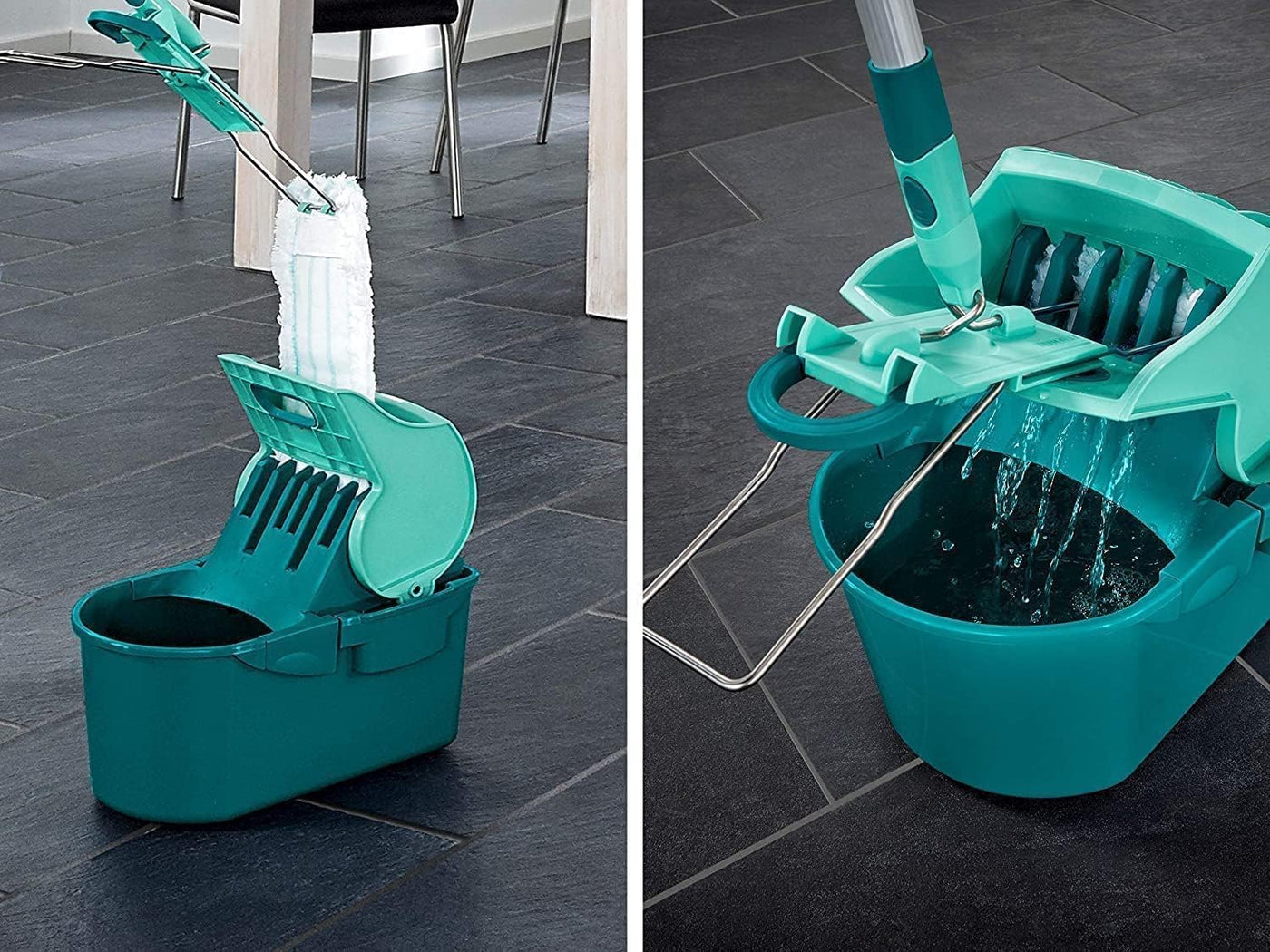 Leifheit Set Wischtuchpresse Profi Compact mit Bodenwischer und 3-teiligem Stiel, wie handgewrungen auspressbar, platzsparendes Wischset mit Mikrofaser Wischbezug für Fliesen und Laminat, Click-System