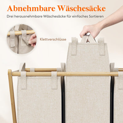 Lifewit 3 Fächer Faltbare 150L Wäschekorb Großer Bambus Frame Wäschesammler Wäschesack Faltbare Schmutzige Kleidung Sorter mit 3 Abnehmbaren Taschen，Wäschesortierer Bambus Beige