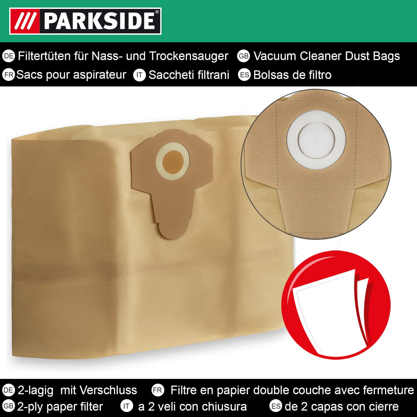 10 Original Parkside Lidl Staubsaugerbeutel für Nass-Trocken-Sauger PWD 25, 30, PNTS 23, 30, 1400, 1500 A1, A2, B1, C1, D1, B2, B3, E2, C4, D5, F2, H4