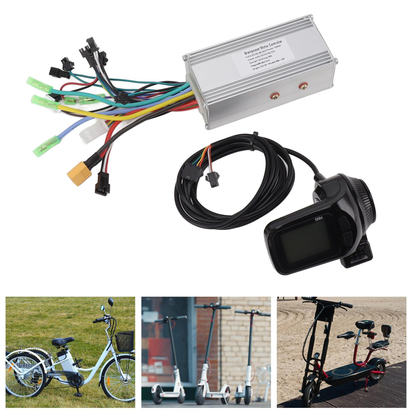 BuyWeek Elektrofahrrad Brushless Motor Controller Kit, 36V 48V 60V 1000W 38A Sinuswellen Bürstenloser Controller 886 Daumengas mit LCD Display für E-Bike Elektroroller