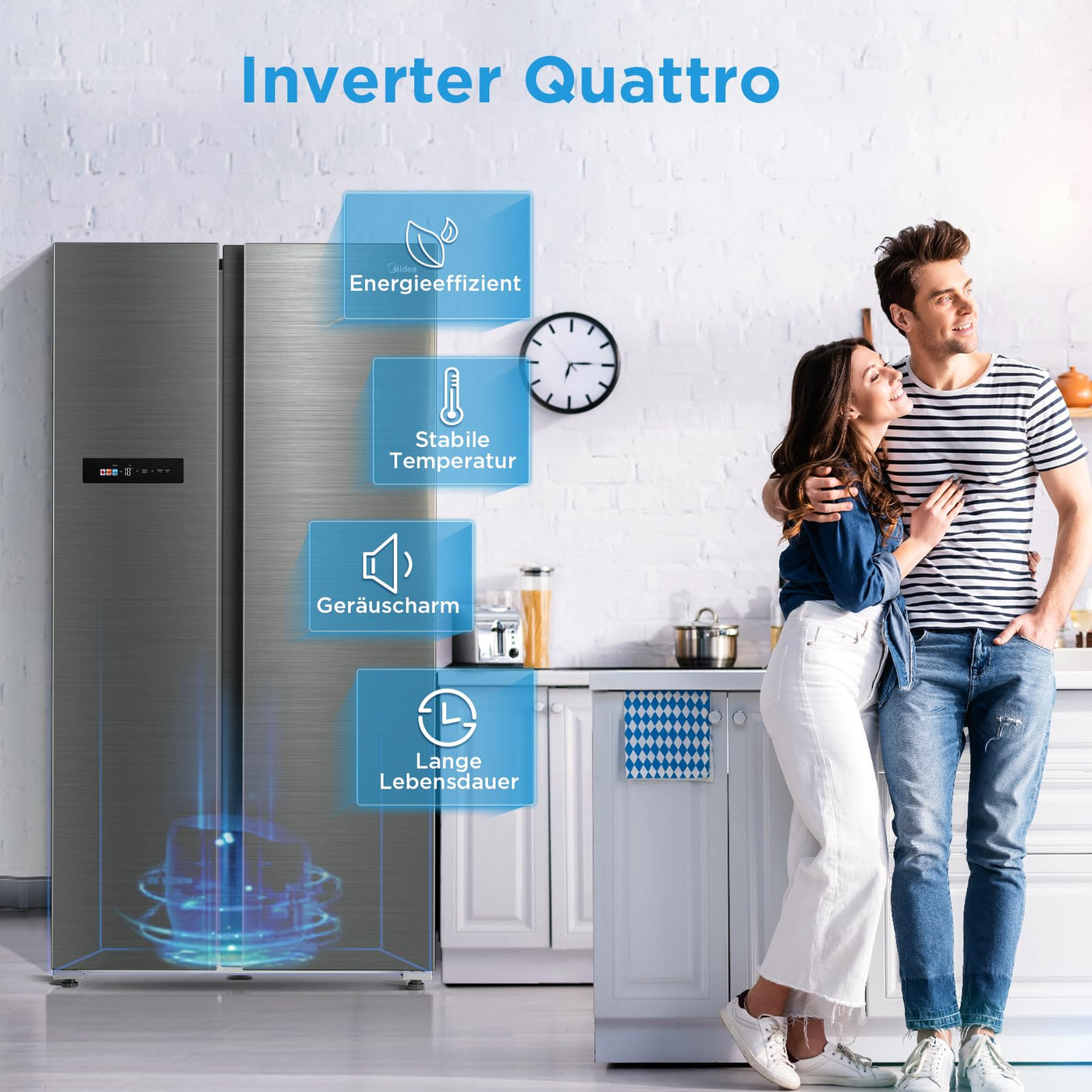 Midea MDRS791MYA46 Side-by-Side Kühl-/Gefrierkombination/No Frost/Inverter Compressor/176,5 cm hoch/379 L Kühlen/213 L Gefrieren/Doppelte Steuerung/SuperCool/LED-Beleuchtung/35dB/Rostfreier Stahl