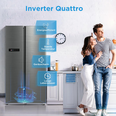 Midea MDRS791MYA46 Side-by-Side Kühl-/Gefrierkombination/No Frost/Inverter Compressor/176,5 cm hoch/379 L Kühlen/213 L Gefrieren/Doppelte Steuerung/SuperCool/LED-Beleuchtung/35dB/Rostfreier Stahl