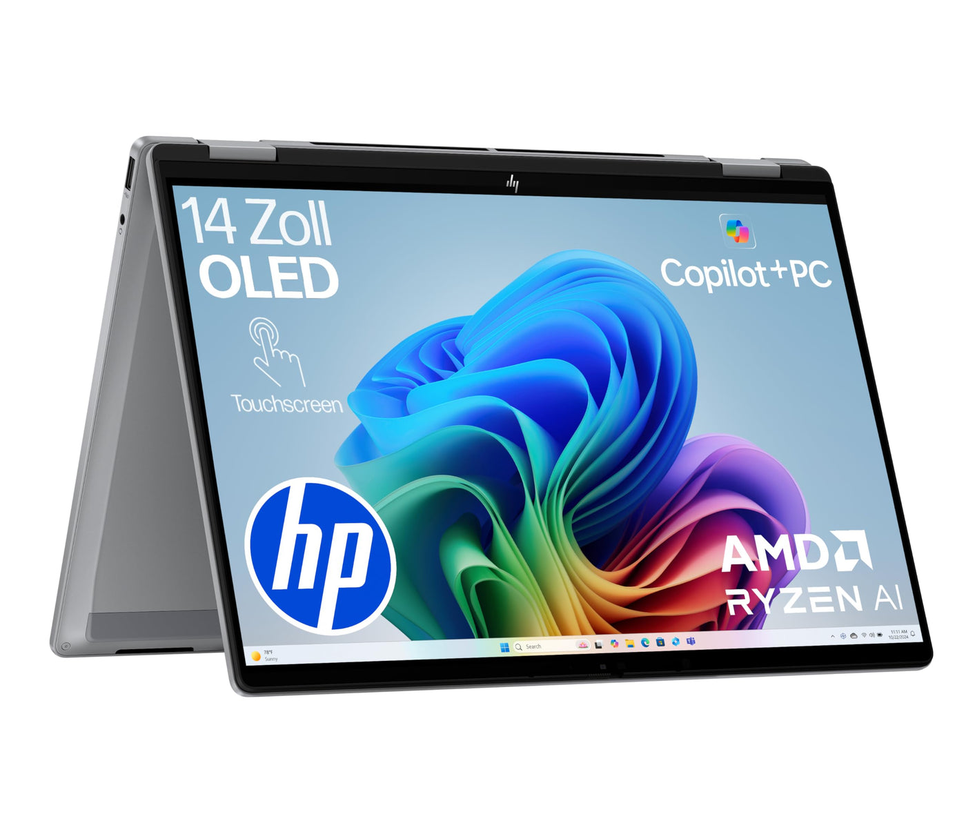 HP OmniBook X Flip 2in1 Next Gen AI Laptop | AMD Ryzen AI 7 350 (8C) | dedizierte NPU für KI | 50 NPU Tops | Copilot+ PC | 14" WUXGA 1920x1200 Touchscreen | 16GB | 512GB SSD | Win11 | QWERTZ | Silber