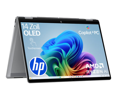 HP OmniBook X Flip 2in1 Next Gen AI Laptop | AMD Ryzen AI 7 350 (8C) | dedizierte NPU für KI | 50 NPU Tops | Copilot+ PC | 14" WUXGA 1920x1200 Touchscreen | 16GB | 512GB SSD | Win11 | QWERTZ | Silber