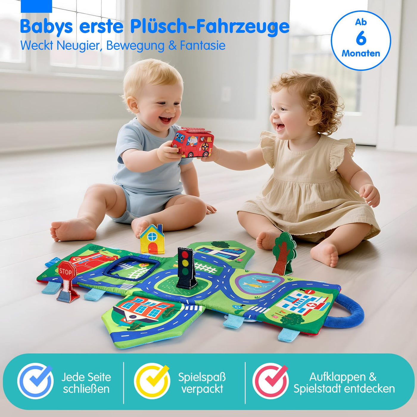 Hahaland Baby Spielzeug 6 12 Monate,4 Stück Spielzeugautos Set, Plüsch Pull-Back & Go Autospielzeug mit Spielmatten,Montessori Auto Spielzeug für 1 2 3 Jahr Jungen Mädchen,Geschenk für Kinder