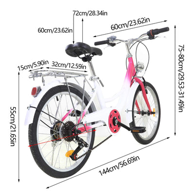 Fetcoi Kinderfahrrad,20 Zoll 6 Gang Kinder Fahrrad Jungen MäDchen Fahrrad Bike Bicycle Mit Lampe(Rosa + Weiß)