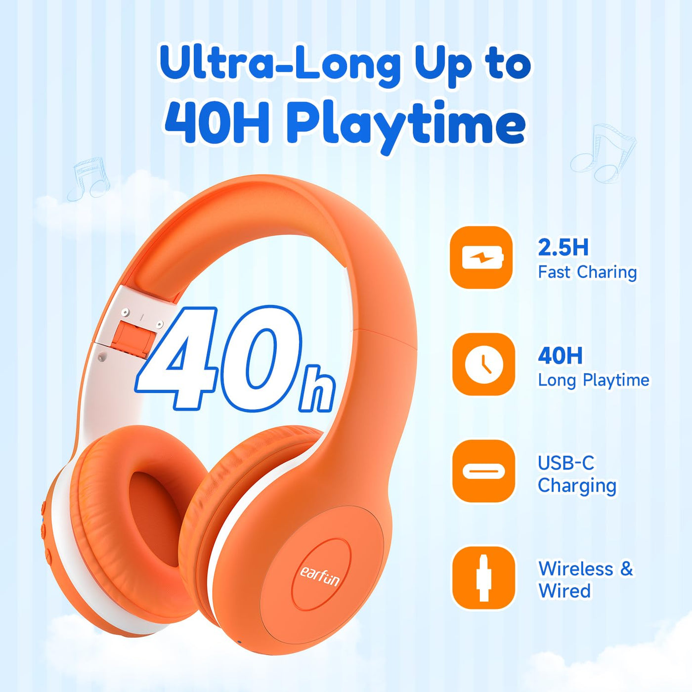 EarFun Bluetooth Kopfhörer Kinder, 85/94dB Lautstärkeregelung, HiFi Sound, HD-Mikrofon, 40 Std Akku, Faltbare, Einstellbar, Kopfhörer Kabellos Bluetooth Kinder für Schule/Reise/PC, Orange