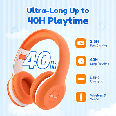EarFun Bluetooth Kopfhörer Kinder, 85/94dB Lautstärkeregelung, HiFi Sound, HD-Mikrofon, 40 Std Akku, Faltbare, Einstellbar, Kopfhörer Kabellos Bluetooth Kinder für Schule/Reise/PC, Orange
