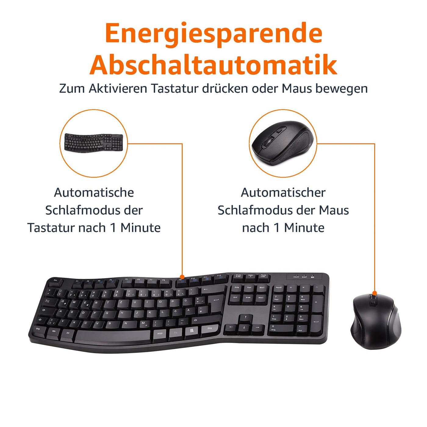 Amazon Basics – Tastatur-Maus-Set, ergonomisch, kabellos, DE Layout - schwarz