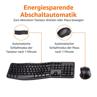 Amazon Basics – Tastatur-Maus-Set, ergonomisch, kabellos, DE Layout - schwarz