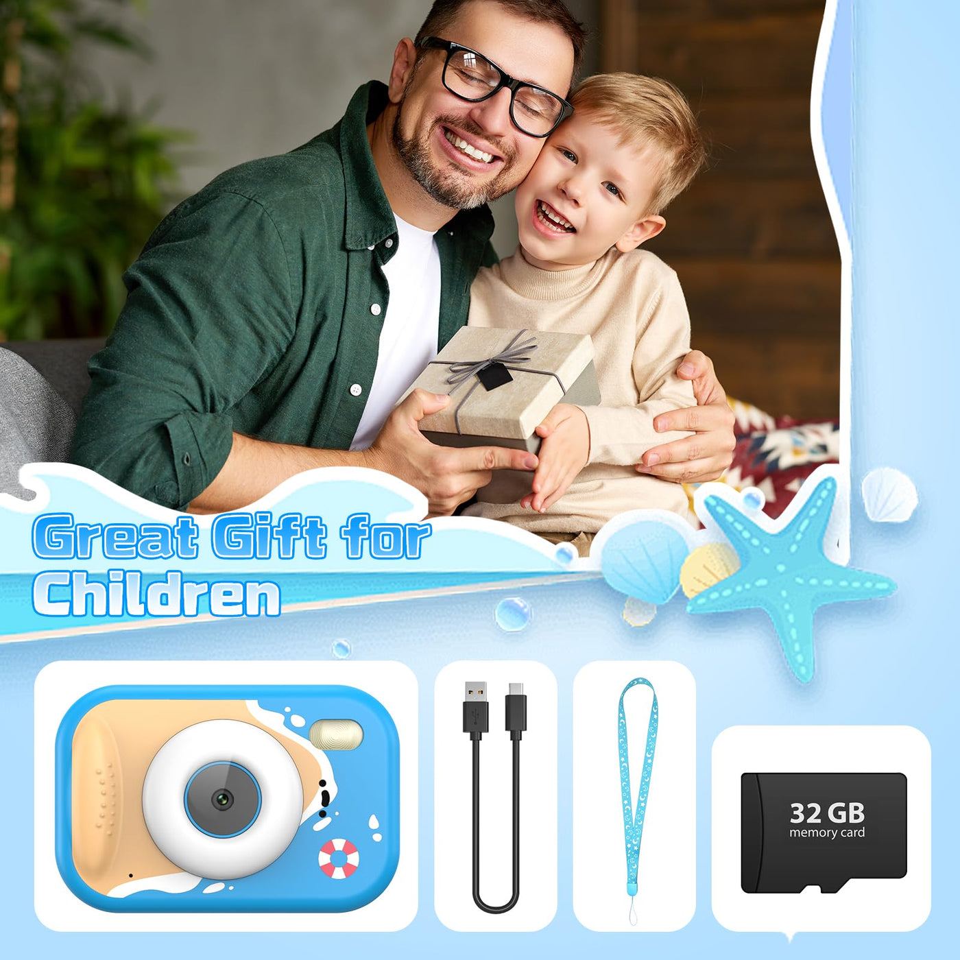wasserdichte Kamera für Kinder, 48MP 1080P Kinderkamera Digitalkamera Unterwasser Kamera Kinder mit 2,4 Zoll Bildschirm 32GB-Karte Notfall-LED-Blitz, Geschenk für 3-12 Jahre Mädchen Jungen,Blau