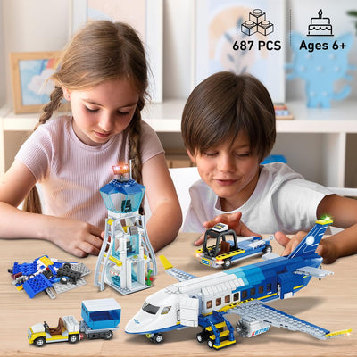 CUBIMANA City Passagierflugzeug Baukasten Set, 3 IN 1 Flugzeug Baukasten mit Terminal, Radarturm, Gepäckwagen Flugzeuge Modell Bausteine Spielzeug Geschenk für Jungen Mädchen Kinder 6 7 8 9+ Jahre alt