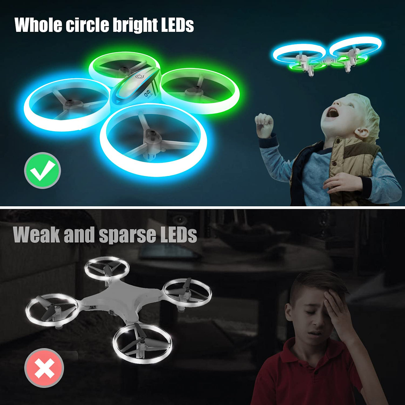 AVIALOGIC Q9s Drone Drohne für Kinder mit Höhehalten und Kopflosem Modus,RC Quadcopter mit Blauen & Grünen Lichter und 2 Akkus,Spielzeug Drohne für Kinder und Anfänger