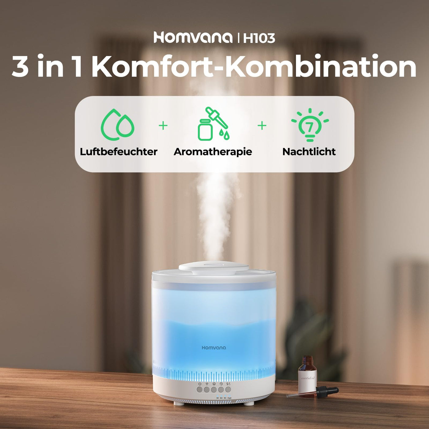 Homvana Luftbefeuchter Schlafzimmer, 1,8 L Top-Fill Kühlnebel Klein Luftbefeuchter für Baby Kinderzimmer, Pflanzen und Kinderheime, 3-in-1 Diffusor, Air Humidifier for Bedroom, Baby, Growbox, Pflanzen