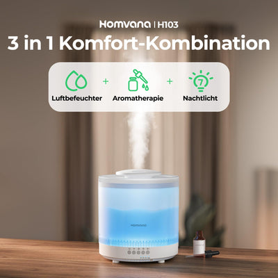 Homvana Luftbefeuchter Schlafzimmer, 1,8 L Top-Fill Kühlnebel Klein Luftbefeuchter für Baby Kinderzimmer, Pflanzen und Kinderheime, 3-in-1 Diffusor, Air Humidifier for Bedroom, Baby, Growbox, Pflanzen