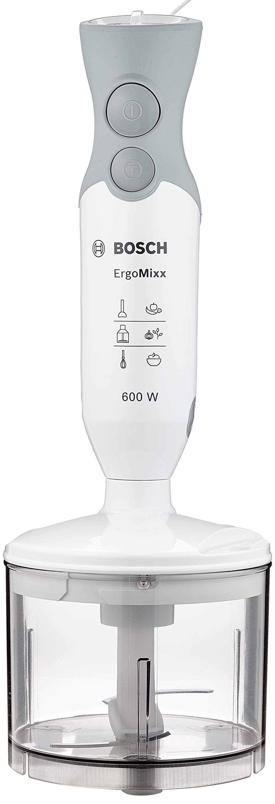 Bosch Stabmixer ErgoMixx MSM66120, Edelstahl-Mixfuß, Mix- und Messbecher, 4-Klingen-Messer, ergonomisches Design, 12 Stufen plus Turbo, 600 W, weiß/grau