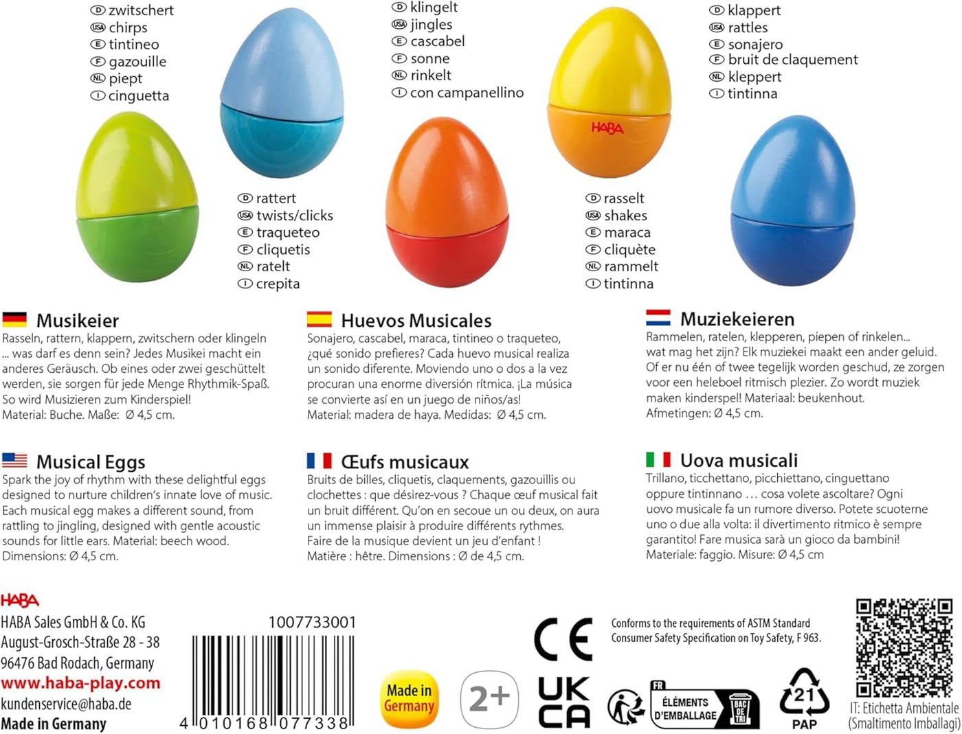 HABA Musikeier – 5 Bunte Rasseleier aus Holz zur musikalischen Frühförderung für Babys & Kleinkinder ab 2 Jahren – Made in Germany - 1007733001