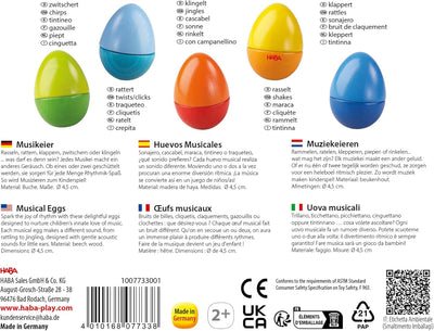 HABA Musikeier – 5 Bunte Rasseleier aus Holz zur musikalischen Frühförderung für Babys & Kleinkinder ab 2 Jahren – Made in Germany - 1007733001