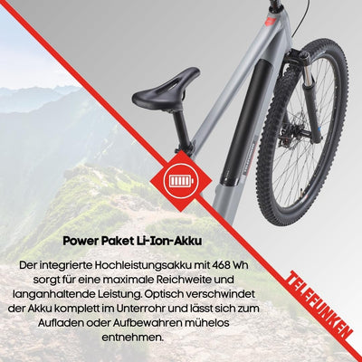 TELEFUNKEN MTB E-Bike Herren 29 Zoll, Elektrofahrrad Hinterradmotor, 7-Gang Kettenschaltung, Scheibenbremsen - Pedelec Mountainbike