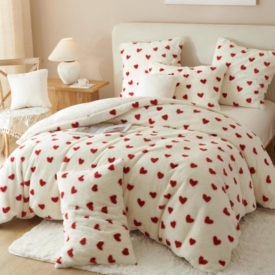 Tospass Plüsch Bettwäsche Set 200x200cm Rot Weiß Herz Liebe Kunstfell Warme Winterbettwäsche Flanell Samt Biber Flauschig Deckenbezug Fleece Bettbezug mit Reißverschluss und 1 Kissenbezug 80x80cm