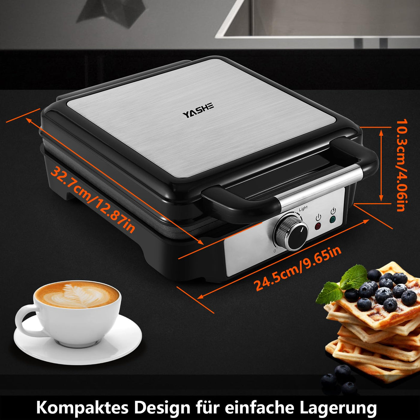 YASHE Waffeleisen Belgische Waffel, 4-Scheiben Quadratisches Belgisches Waffeleisen, 5 Bräunungsknopf, Kontrollleuchten, Anti-Überlauf, Antihaftbeschichtung, 1200W, Silber/Schwarz