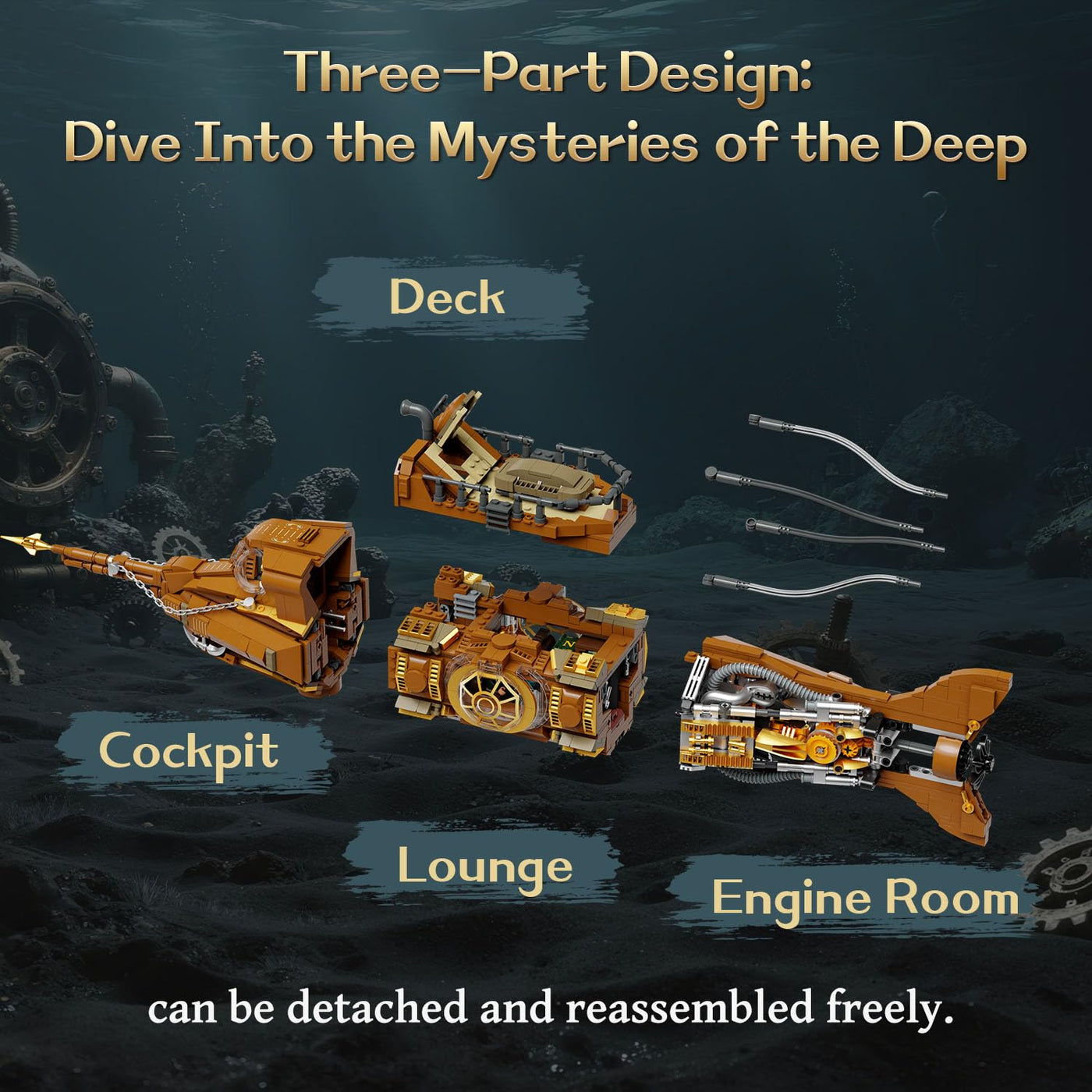 PANTASY Steampunk Nautilus U-Boot Klemmbausteine Set, Modulares 3-Sektionen-Design mit Zahnrad-Propeller, Mini-Boot & Unterwasser-Abenteuerszene, Retro Mechanisches Sammlermodell für Erwachsene