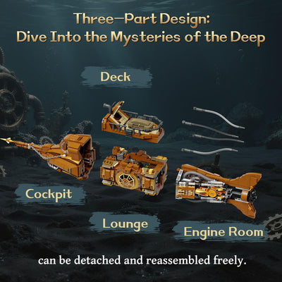 PANTASY Steampunk Nautilus U-Boot Klemmbausteine Set, Modulares 3-Sektionen-Design mit Zahnrad-Propeller, Mini-Boot & Unterwasser-Abenteuerszene, Retro Mechanisches Sammlermodell für Erwachsene