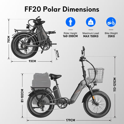 Fafrees FF20 Polar E Bike Damen Klappbar mit 10,4Ah/499,2Wh*2 Akkus bis 160KM, [ Offiziell ] Fatbike E-Bike Herren Elektrofahrrad 20", Klapprad, 65 N.m Ebike Mountainbike Elektro 150KG