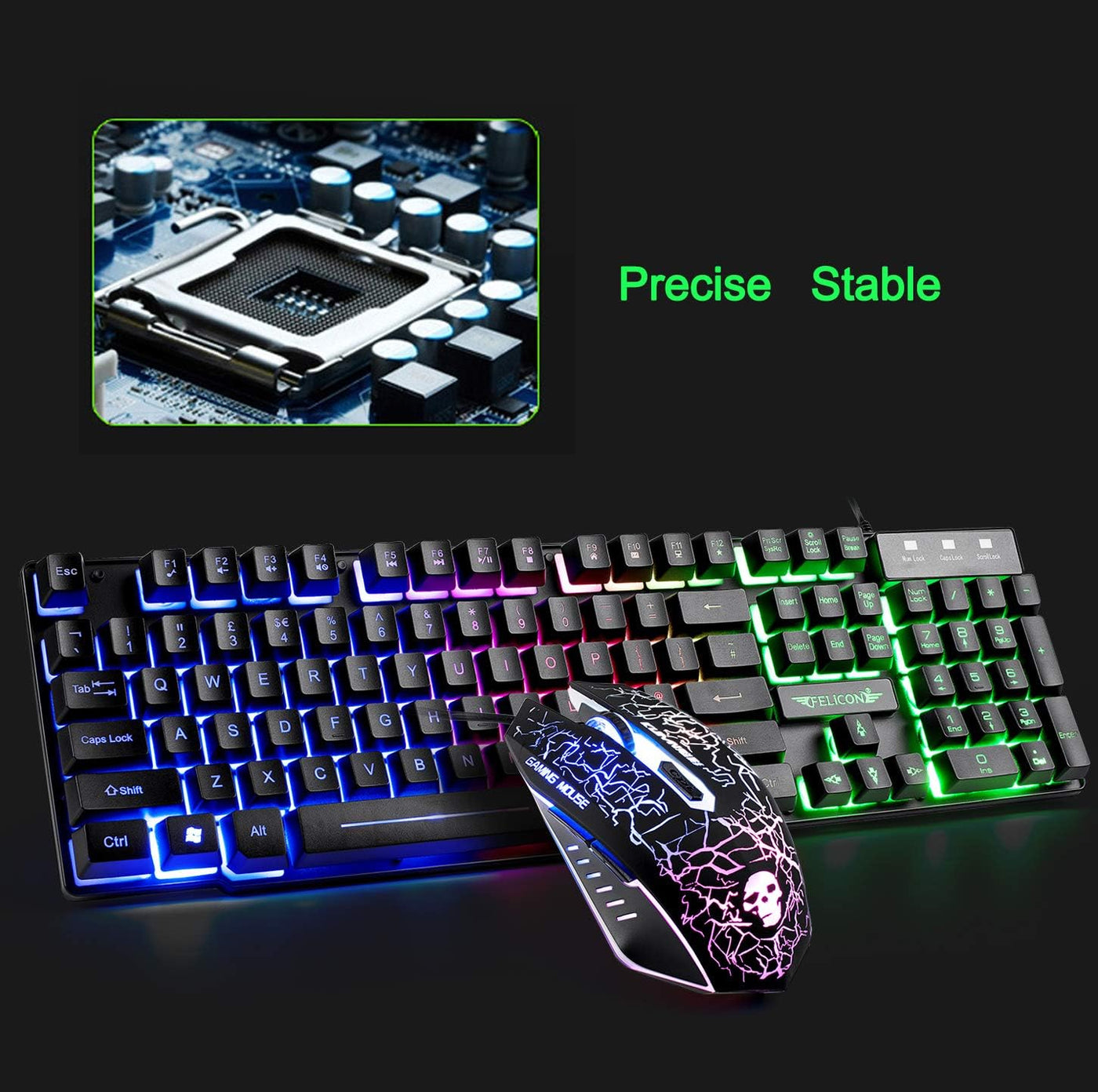 Lexon tech Kabelgebundene Tastatur und Maus Set T6 Rainbow Hintergrundbeleuchtung, USB, ergonomische Multimedia-Tastatur, 2400 DPI,6 Tasten,USB-Gaming-Maus, inklusive Gaming-Mauspads in Standardgröße