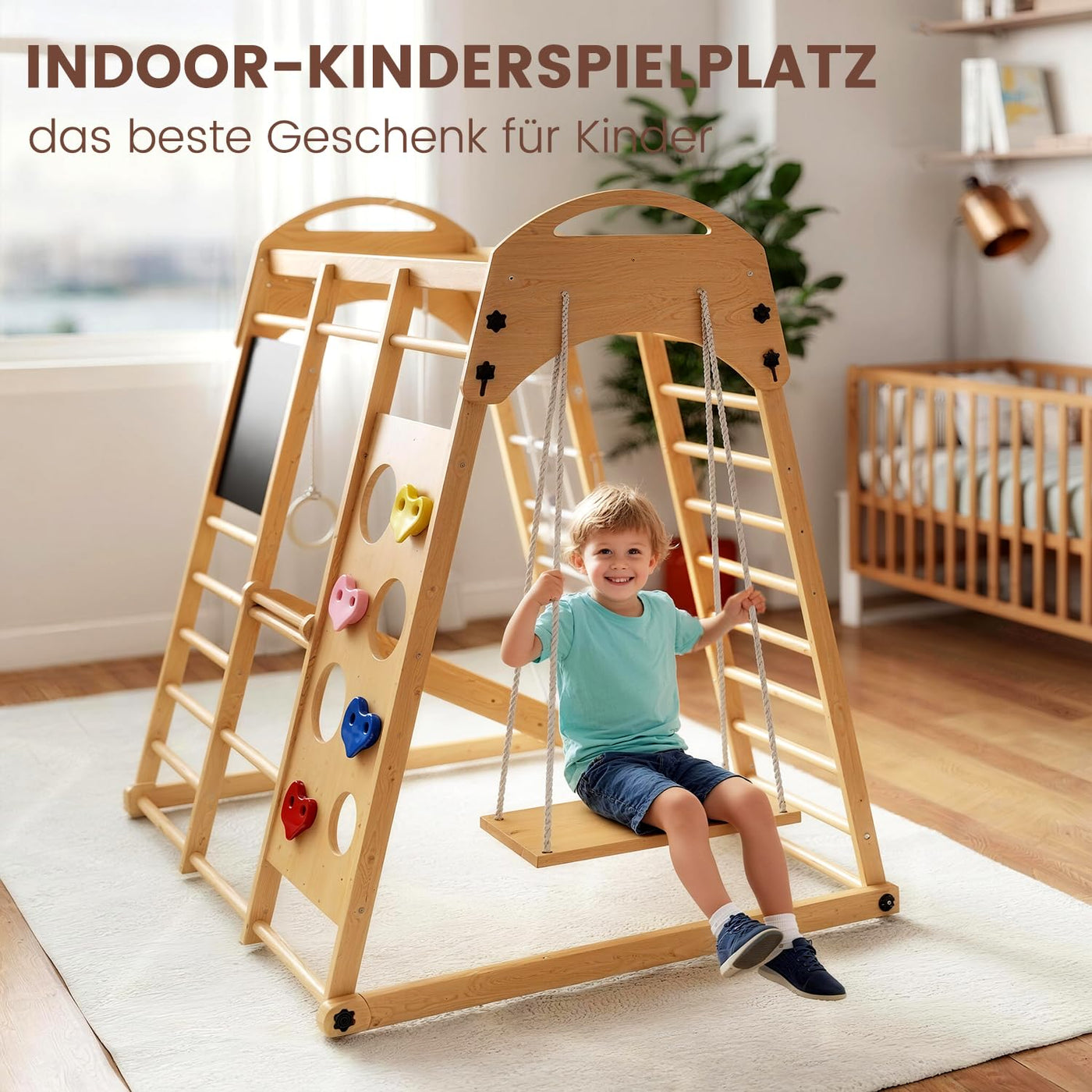Freelawn Klettergerüst Indoor Montessori 9-in-1 Holz Spielplatz - Kletternetz, Rutsche, Sprossenwand für Kinder 1-6 Jahre (Natur)