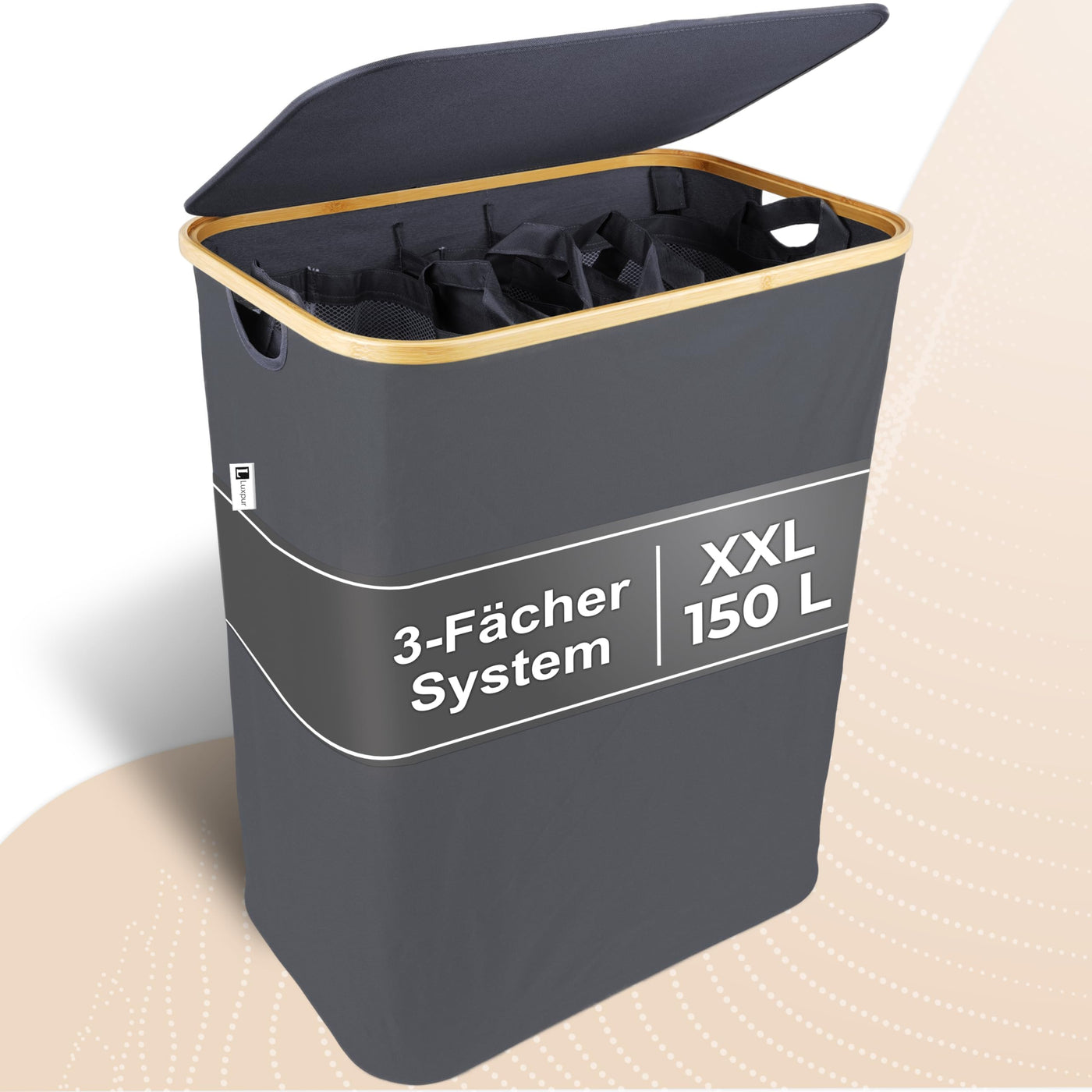 Luxpur® Wäschekorb XXL mit Deckel 3 Fächer Wäschesack Bambus Wäsche-Sortier-System Faltbare Wäschebox Wäschesammler Wäschetrenner Wäschetruhe Laundry Basket