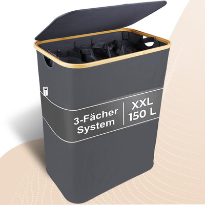 Luxpur® Wäschekorb XXL mit Deckel 3 Fächer Wäschesack Bambus Wäsche-Sortier-System Faltbare Wäschebox Wäschesammler Wäschetrenner Wäschetruhe Laundry Basket
