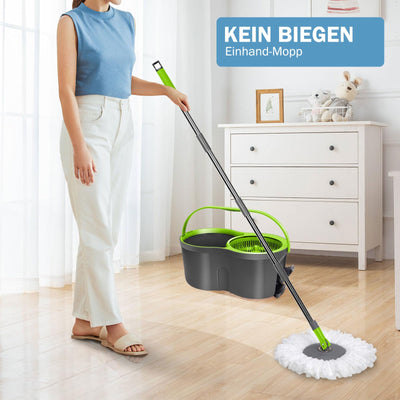Wischmopp Set mit Eimer, Masthome 2-in-1 Bodenwischer Komplett Set mit 3 Mikrofaser-Pads, Wischmopp mit Verstellbarer Edelstahlstiel (100-128cm),Putzeimer mit Wischmopp für Laminat(Grün)