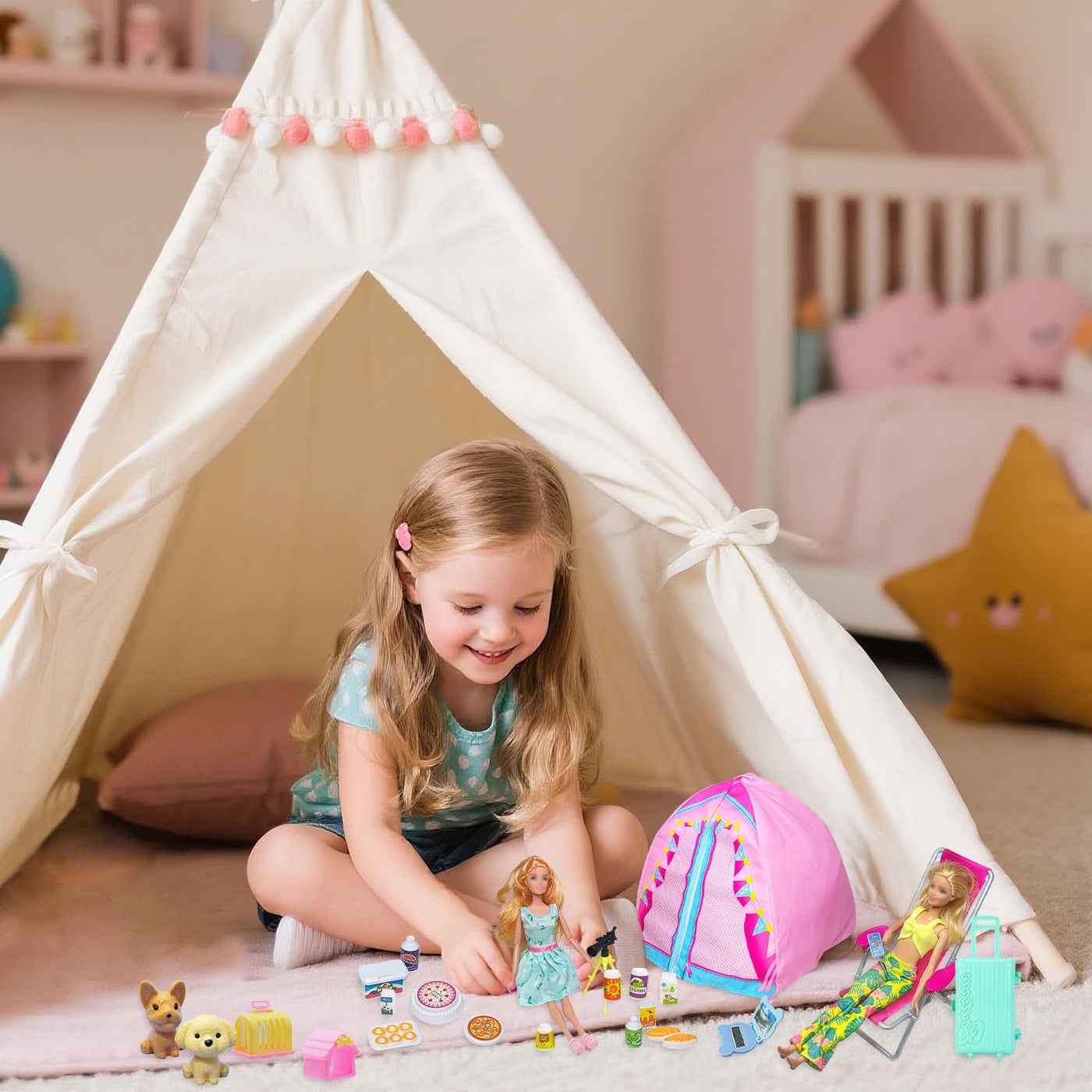 43 Kleidung Camping Sets Kompatibel mit Barbie 11.5inch Puppe, 1 Zelt 1 Liegestuhl 4 Oberteile 4 Hosen 1 Rock 1 Fernglas 1 Reisegepäck 24 Zubehör 6 Schuhe für 11,5 Zoll Puppe Mädchen Geschenk Zufällig
