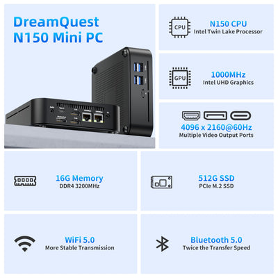 DreamQuest Mini PC Windows 11 Pro vorinstalliert,Intel N150 der 12. Generation (bis zu 3,6 GHz) 16GB DDR4 RAM+512 GB SSD,voll funktionsfähiger Type C/4K HD HDMI/USB 3.2/WiFi 5/BT5.0/Gigabit Ethernet