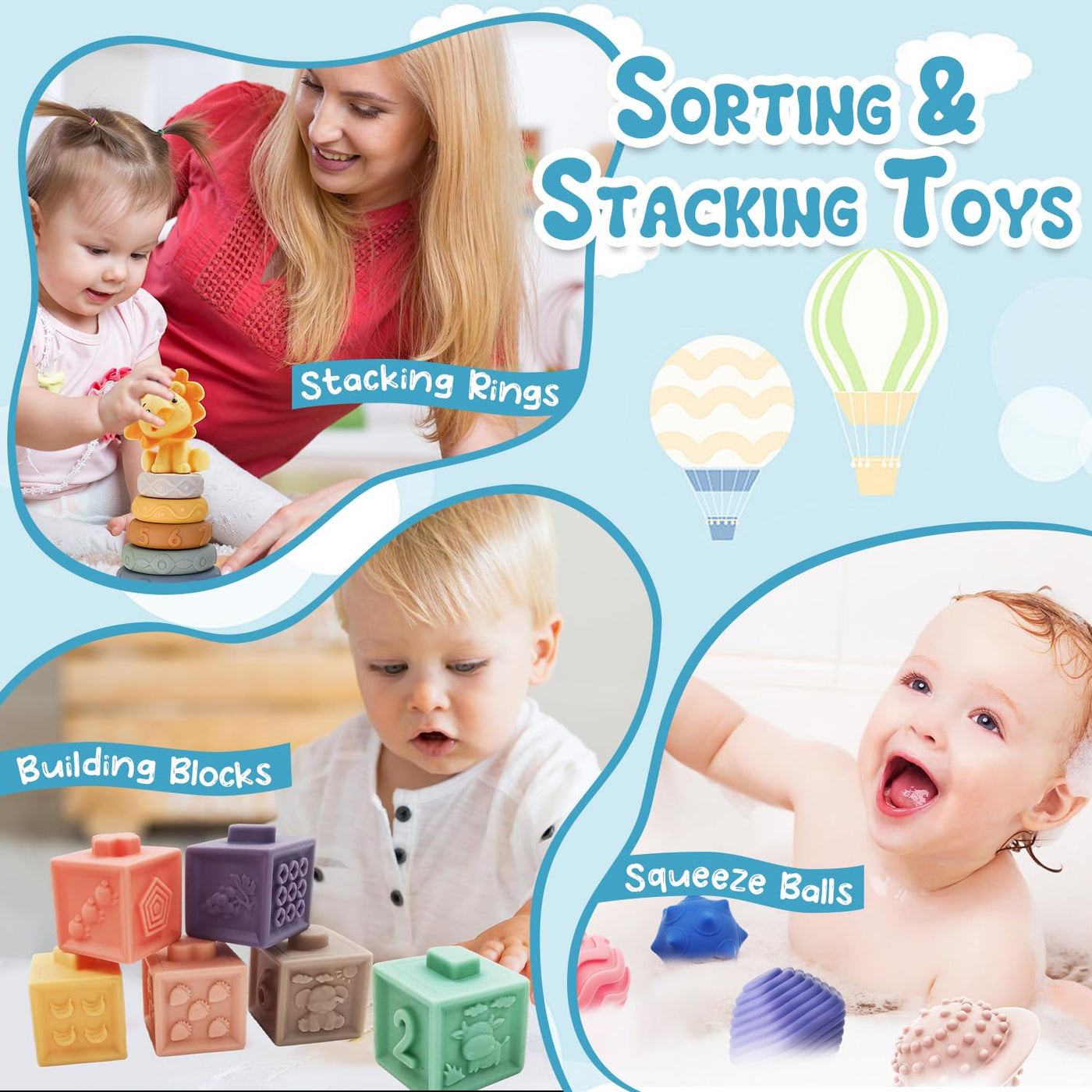 5 in 1 Baby Spielzeug ab 6 9 12 Monate, Montessori Spielzeug Baby, Motorikspielzeug, Stapelspielzeug Blöcken, Tissue Box, Quetsch Bälle Babyspielzeug ab 6 Monate,Geschenk Junge Mädchen 1 Jahr